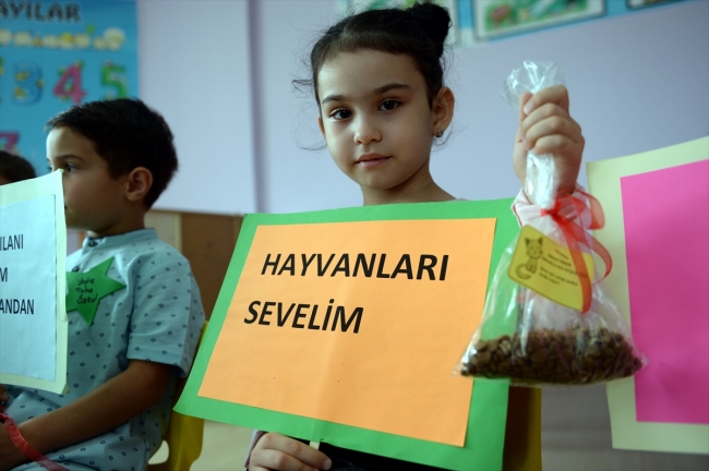 Hayvan sevgisini aşılamak için çocuklara kedi maması dağıtıldı